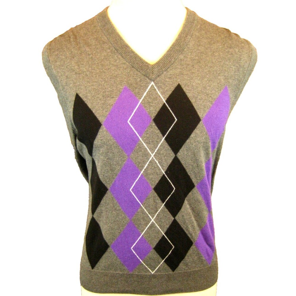 Mens Pro Tour Gray/Black/Purple Argyle Cotton Sleeveless Sweater Vest  sz XL